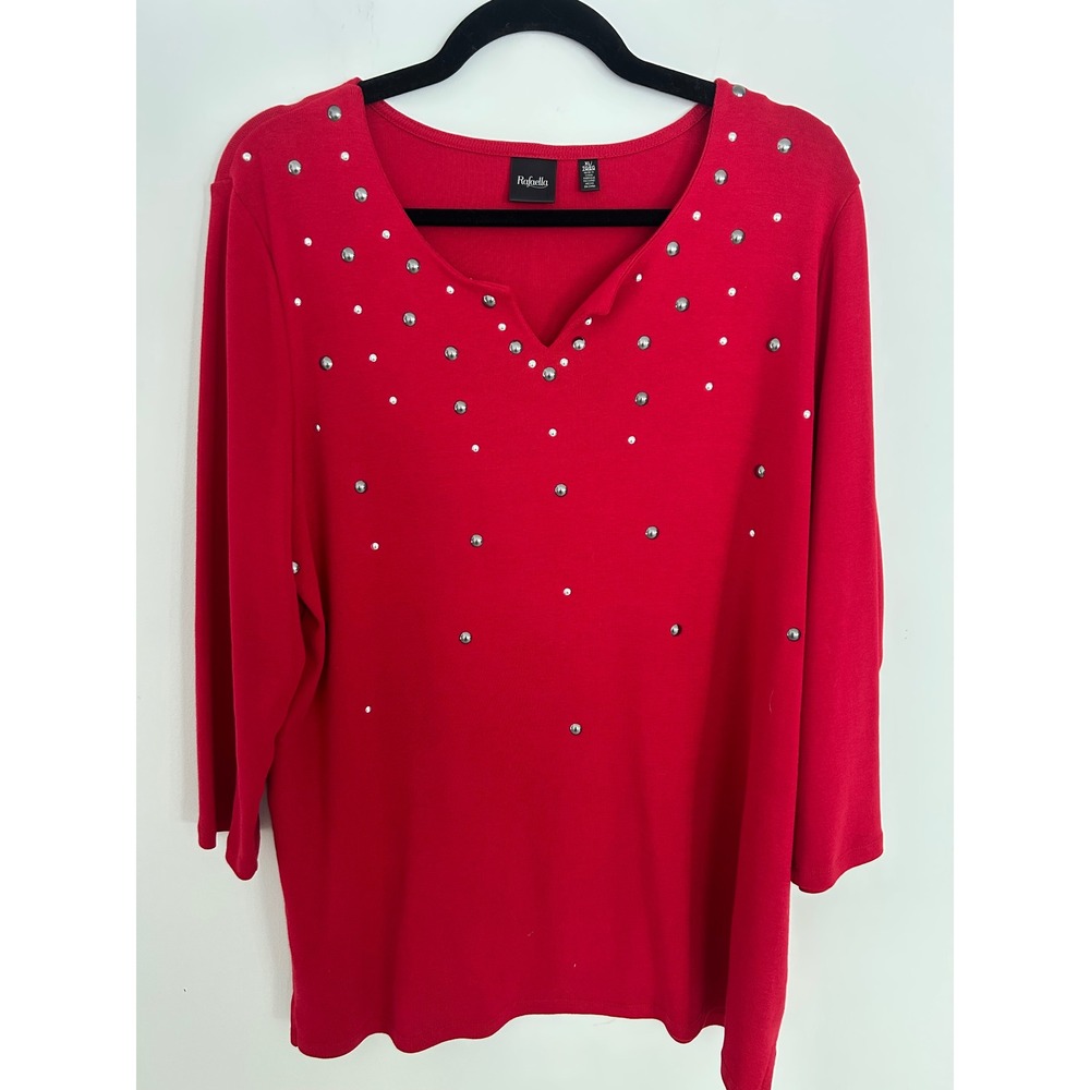 Rafaella Womens Red 3/4 Sleeve Studded Rhinestone V-Neck Cotton Top XL